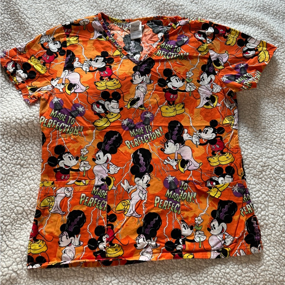 Halloween Mickey and Minnie Frankenstein Scrub Top Womens Small Scrub Top